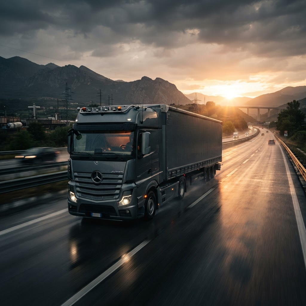 Motrice con semirimorchio ADAM IACOB LOGISTIC in autostrada al tramonto in Italia